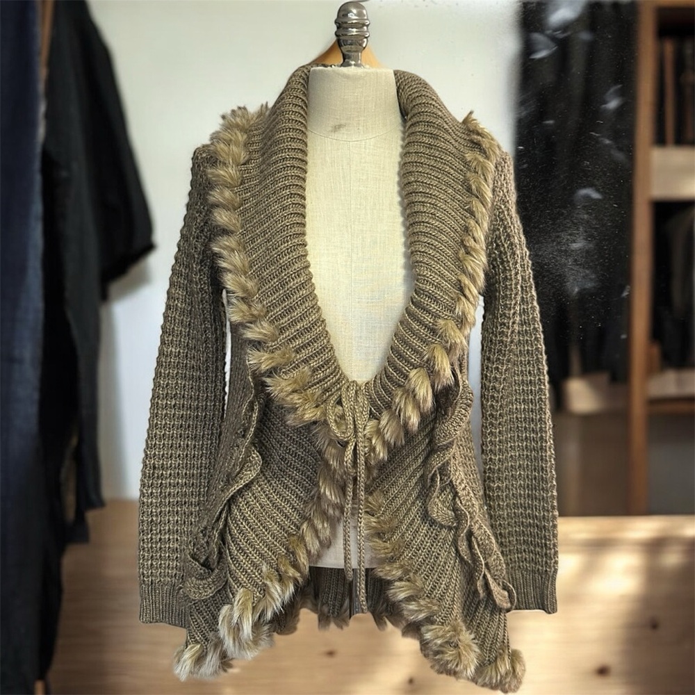 Boston Proper Tan Cardigan with Faux Fur Trim